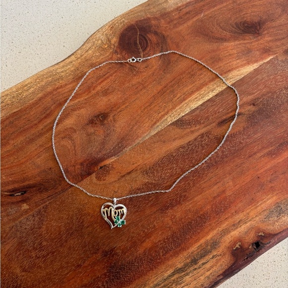 Mom Heart Pendant Necklace Diamond Emerald Accent 14K Yellow 925 Silver - Picture 9 of 9